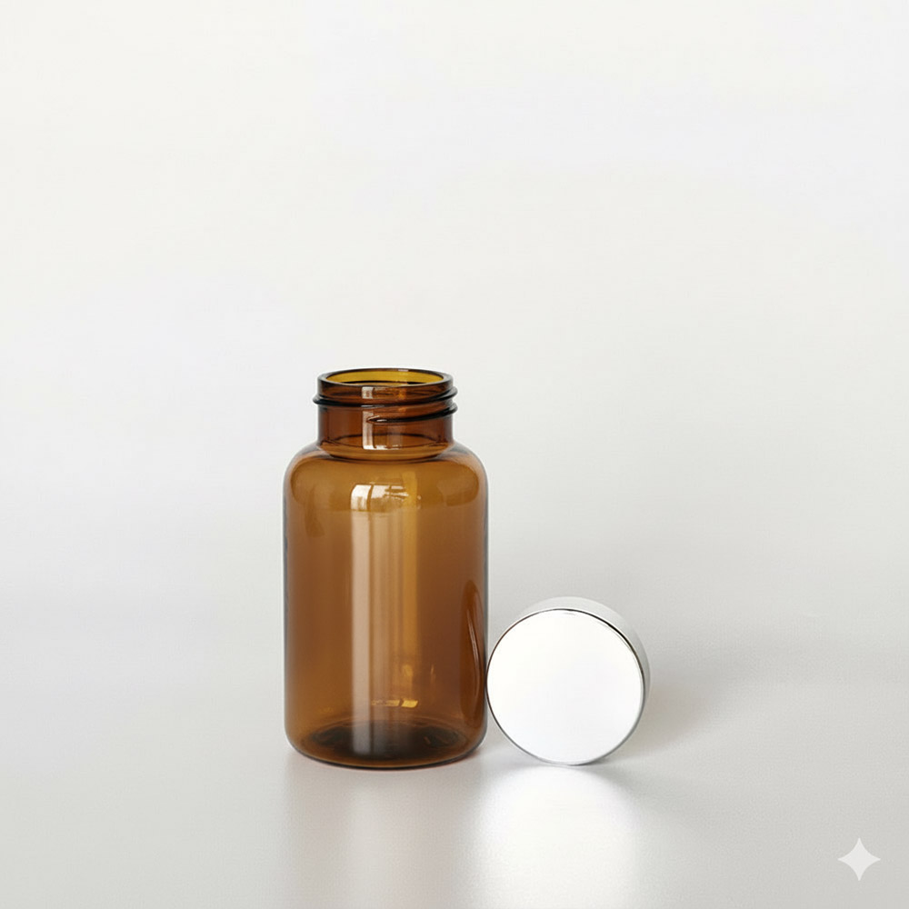 BSPG-150,茶色亮銀蓋150ml PETG錠劑瓶,是由茶色的PETG塑膠瓶旁邊搭配38mm的銀色電鍍瓶蓋,電鍍銀蓋裡面含有墊片,可選配感壓封口紙,電鍍銀蓋立於茶色瓶身旁邊如此一來可以清楚的看到瓶蓋,只須向左旋轉,即可打開。此塑膠容器通常用於保健食品、醫療藥品、健康食品、分裝藥瓶、藥罐或是寵物用藥品身上。