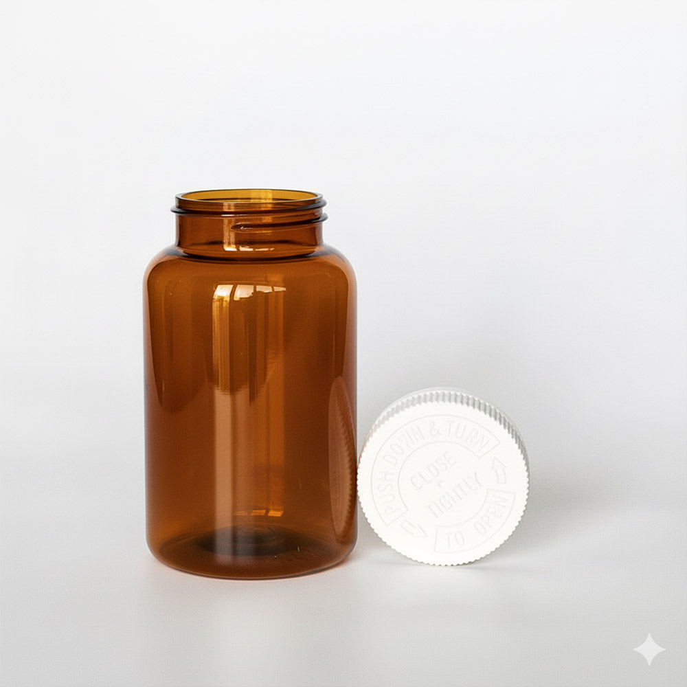 BCPG-400,茶色兒童安全蓋400ml PETG錠劑瓶,是由茶色的PETG塑膠瓶旁邊搭配白色的53牙兒童安全瓶蓋,安全瓶蓋裡面含有墊片及感壓封口紙,兒童安全蓋立於茶色膠囊瓶身旁邊如此一來可以清楚的看到瓶蓋,須先向下壓再左旋轉,才可打開。此塑膠容器通常用於保健食品、醫療藥品、健康食品、分裝藥瓶、藥罐或是寵物用藥品身上。