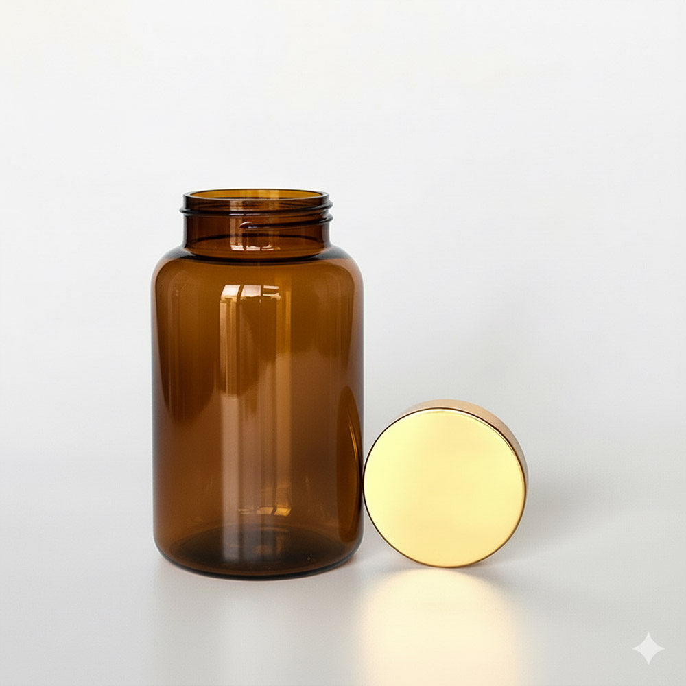 BGPG-400,茶色亮金蓋400ml PETG錠劑瓶,是由茶色的PETG塑膠瓶搭配53mm的金色電鍍瓶蓋,電鍍金蓋裡面含有墊片,可選配感壓封口紙,電鍍亮銀蓋立於茶色瓶身旁邊如此一來可以清楚的看到瓶蓋,只須向左旋轉,即可打開。此塑膠容器通常用於保健食品、醫療藥品、健康食品、分裝藥瓶、藥罐或是寵物用藥品身上。