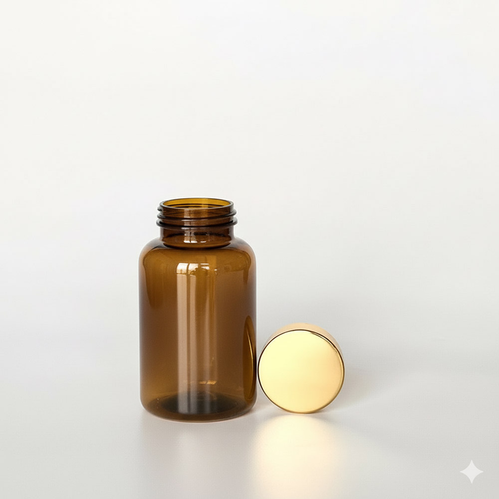 BGPG-175,茶色亮金蓋175ml PETG錠劑瓶,是由茶色的PETG塑膠瓶搭配38mm的金色電鍍瓶蓋,電鍍金蓋裡面含有墊片,可選配感壓封口紙,電鍍亮銀蓋立於茶色瓶身旁邊如此一來可以清楚的看到瓶蓋,只須向左旋轉,即可打開。此塑膠容器通常用於保健食品、醫療藥品、健康食品、分裝藥瓶、藥罐或是寵物用藥品身上。