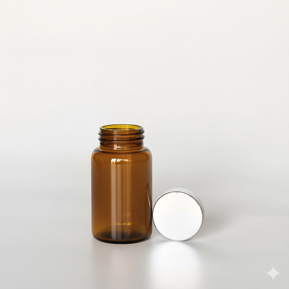BSPG-120,茶色亮銀蓋120ml PETG錠劑瓶,是由茶色的PETG塑膠瓶旁邊搭配38mm的銀色電鍍瓶蓋,電鍍銀蓋裡面含有墊片,可選配感壓封口紙,電鍍銀蓋立於茶色瓶身旁邊如此一來可以清楚的看到瓶蓋,只須向左旋轉,即可打開。此塑膠容器通常用於保健食品、醫療藥品、健康食品、分裝藥瓶、藥罐或是寵物用藥品身上。