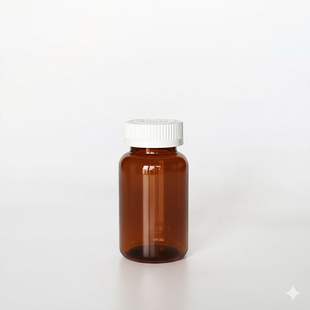 BCPG-150，茶色兒童安全蓋150ml PETG錠劑瓶，是由茶色的PETG塑膠瓶上面搭配白色的38牙兒童安全瓶蓋，安全瓶蓋裡面含有墊片及感壓封口紙，整組瓶子直立於一張白色背景上。此塑膠容器通常用於保健食品、醫療藥品、健康食品、分裝藥瓶、藥罐或是寵物用藥品身上。