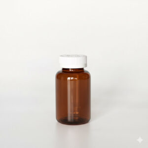 BCPG-175，茶色兒童安全蓋175ml PETG錠劑瓶，是由茶色的PETG塑膠瓶上面搭配白色的38牙兒童安全瓶蓋，安全瓶蓋裡面含有墊片及感壓封口紙，整組瓶子直立於一張白色背景上。此塑膠容器通常用於保健食品、醫療藥品、健康食品、分裝藥瓶、藥罐或是寵物用藥品身上。