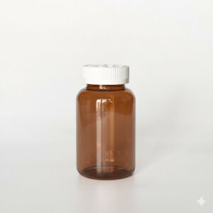 BCPG-275，茶色兒童安全蓋275ml PETG錠劑瓶，是由茶色的PETG塑膠瓶上面搭配白色的45牙兒童安全瓶蓋，安全瓶蓋裡面含有墊片及感壓封口紙，整組瓶子直立於一張白色背景上。此塑膠容器通常用於保健食品、醫療藥品、健康食品、分裝藥瓶、藥罐或是寵物用藥品身上。