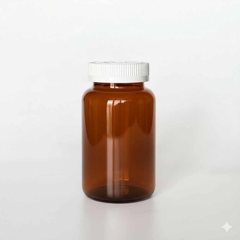 BCPG-400，茶色兒童安全蓋400ml PETG錠劑瓶，是由茶色的PETG塑膠瓶上面搭配白色的53牙兒童安全瓶蓋，安全瓶蓋裡面含有墊片及感壓封口紙，整組瓶子直立於一張白色背景上。此塑膠容器通常用於保健食品、醫療藥品、健康食品、分裝藥瓶、藥罐或是寵物用藥品身上。