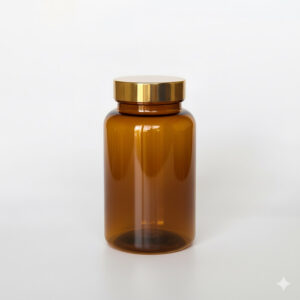 BGPG-400，茶色亮金蓋400ml PETG錠劑瓶，是由茶色的PETG塑膠瓶上面搭配53mm的金色電鍍瓶蓋，電鍍金蓋裡面含有墊片，可選配感壓封口紙，整組瓶子直立於一張白色背景上。此塑膠容器通常用於保健食品、醫療藥品、健康食品、分裝藥瓶、藥罐或是寵物用藥品身上。