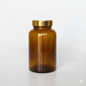 BGPG-500，茶色亮金蓋500ml PETG錠劑瓶，是由茶色的PETG塑膠瓶上面搭配53mm的金色電鍍瓶蓋，電鍍金蓋裡面含有墊片，可選配感壓封口紙，整組瓶子直立於一張白色背景上。此塑膠容器通常用於保健食品、醫療藥品、健康食品、分裝藥瓶、藥罐或是寵物用藥品身上。