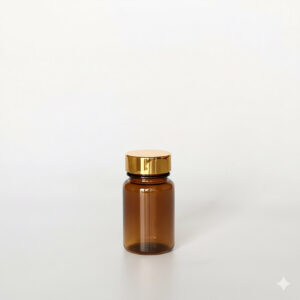 BGPG-60,茶色亮金蓋60ml PETG錠劑瓶,是由茶色的PETG塑膠瓶上面搭配33mm的金色電鍍瓶蓋,電鍍金蓋裡面含有墊片,可選配感壓封口紙,整組瓶子直立於一張白色背景上。此塑膠容器通常用於保健食品、醫療藥品、健康食品、分裝藥瓶、藥罐或是寵物用藥品身上。