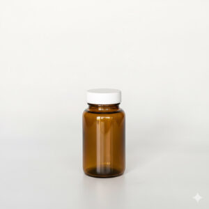 BNPG-120，茶色一般蓋120ml PETG錠劑瓶，是由茶色的PETG塑膠瓶上面搭配白色的38牙普通旋轉瓶蓋，普通蓋裡面含有感壓封口紙，整組瓶子直立於一張白色背景上。此塑膠容器通常用於保健食品、醫療藥品、健康食品、分裝藥瓶、藥罐或是寵物用藥品身上。