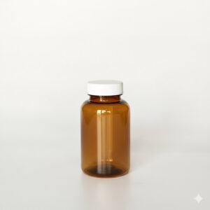 BNPG-175，茶色一般蓋175ml PETG錠劑瓶，是由茶色的PETG塑膠瓶上面搭配白色的38牙普通旋轉瓶蓋，普通蓋裡面含有感壓封口紙，整組瓶子直立於一張白色背景上。此塑膠容器通常用於保健食品、醫療藥品、健康食品、分裝藥瓶、藥罐或是寵物用藥品身上。