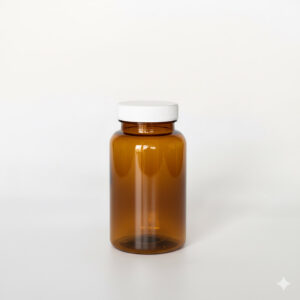 BNPG-225，茶色一般蓋225ml PETG錠劑瓶，是由茶色的PETG塑膠瓶上面搭配白色的45牙普通旋轉瓶蓋，普通蓋裡面含有感壓封口紙，整組瓶子直立於一張白色背景上。此塑膠容器通常用於保健食品、醫療藥品、健康食品、分裝藥瓶、藥罐或是寵物用藥品身上。