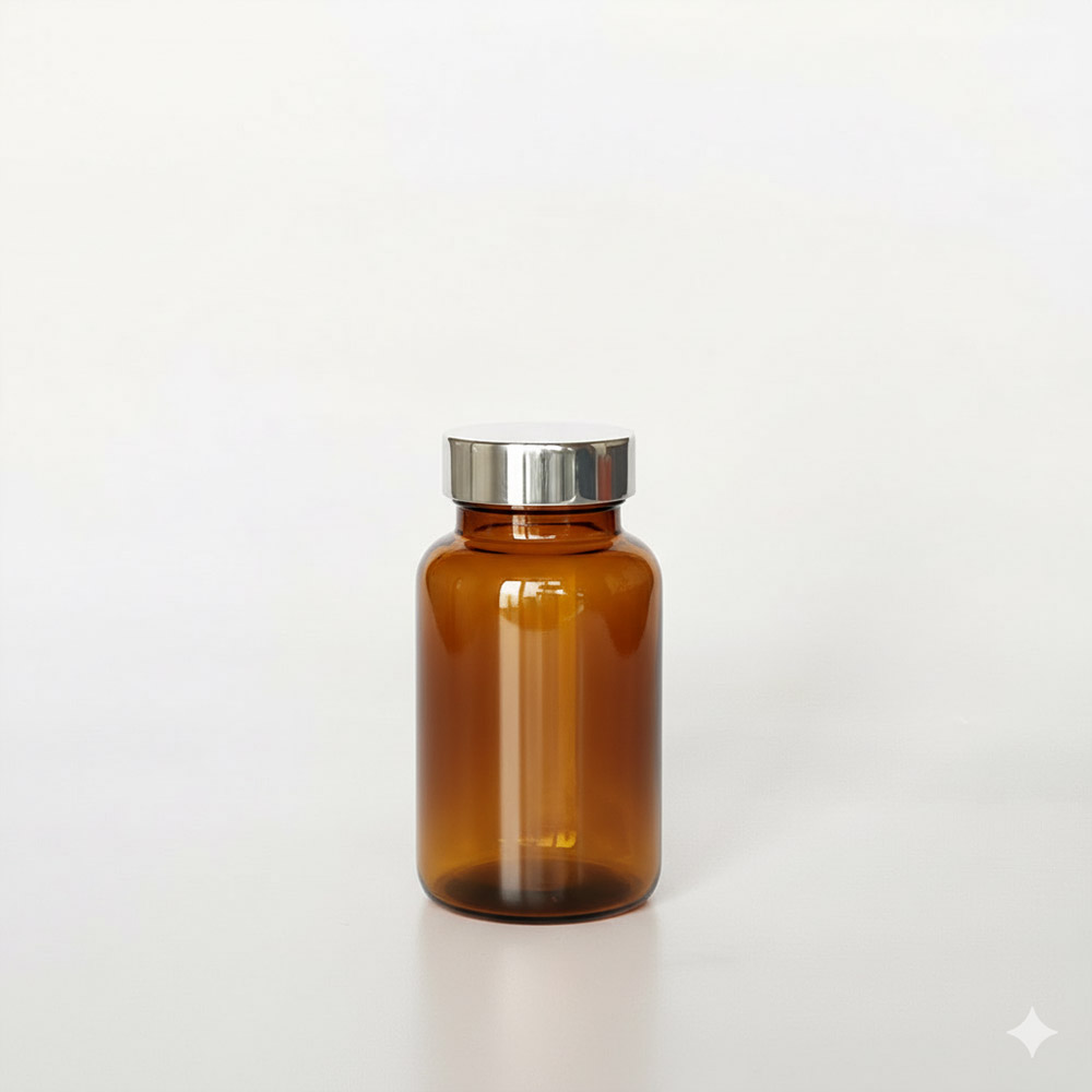 BSPG-150，茶色亮銀蓋150ml PETG錠劑瓶，是由茶色的PETG塑膠瓶上面搭配38mm的銀色電鍍瓶蓋，電鍍銀蓋裡面含有墊片、可選配感壓封口紙，整組瓶子直立於一張白色背景上。此塑膠容器通常用於保健食品、醫療藥品、健康食品、分裝藥瓶、藥罐或是寵物用藥品身上。