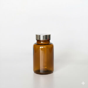 BSPG-175，茶色亮銀蓋175ml PETG錠劑瓶，是由茶色的PETG塑膠瓶上面搭配38mm的銀色電鍍瓶蓋，電鍍銀蓋裡面含有墊片、可選配感壓封口紙，整組瓶子直立於一張白色背景上。此塑膠容器通常用於保健食品、醫療藥品、健康食品、分裝藥瓶、藥罐或是寵物用藥品身上。