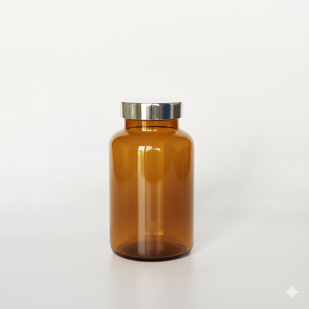 BSPG-275，茶色亮銀蓋275ml PETG錠劑瓶，是由茶色的PETG塑膠瓶上面搭配45mm的銀色電鍍瓶蓋，電鍍銀蓋裡面含有墊片、可選配感壓封口紙，整組瓶子直立於一張白色背景上。此塑膠容器通常用於保健食品、醫療藥品、健康食品、分裝藥瓶、藥罐或是寵物用藥品身上。