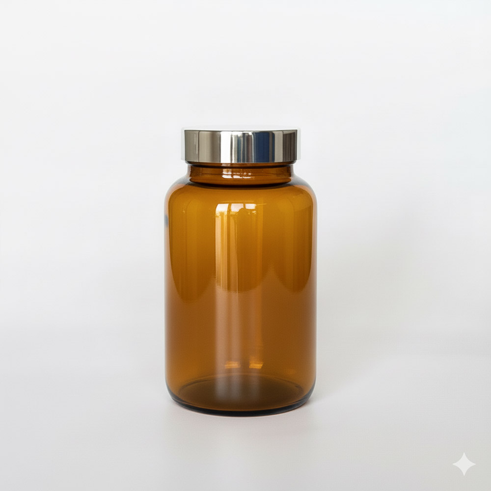 BSPG-400，茶色亮銀蓋400ml PETG錠劑瓶，是由茶色的PETG塑膠瓶上面搭配53mm的銀色電鍍瓶蓋，電鍍銀蓋裡面含有墊片、可選配感壓封口紙，整組瓶子直立於一張白色背景上。此塑膠容器通常用於保健食品、醫療藥品、健康食品、分裝藥瓶、藥罐或是寵物用藥品身上。