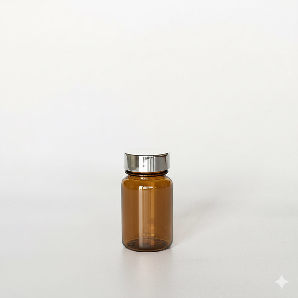 BSPG-60，茶色亮銀蓋60ml PETG錠劑瓶，是由茶色的PETG塑膠瓶上面搭配33mm的銀色電鍍瓶蓋，電鍍銀蓋裡面含有墊片、可選配感壓封口紙，整組瓶子直立於一張白色背景上。此塑膠容器通常用於保健食品、醫療藥品、健康食品、分裝藥瓶、藥罐或是寵物用藥品身上。